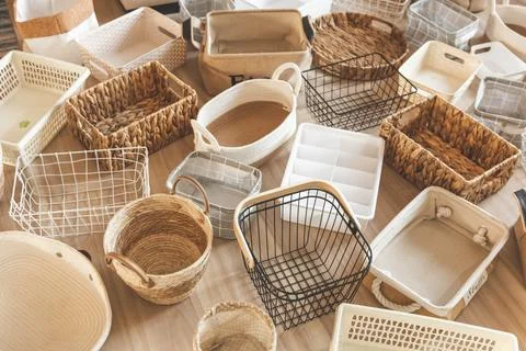 Flat lay of storage boxes; containers and baskets with different sizes and Stock Photos