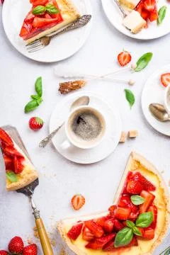 Flat lay with strawberry cheesecake Stock Photos