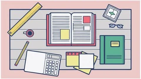 Flat lay study desk with book, calculator, ruler, pencil, coffee, and notes for Stock Illustration