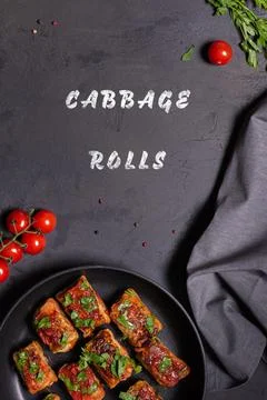 Flat lay with stuffed cabbage rolls with copy space on black Stock Photos