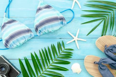 Flat lay summer background with plam branches, starfish and slippers on wooden Stock Photos