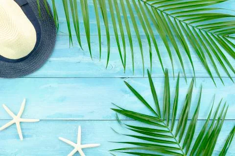Flat lay summer ocean background, travel theme with plam branches, starfish and Stock Photos