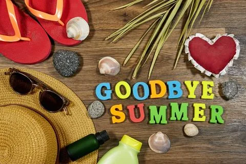 Flat lay of summer-themed objects symbolizing the end of summer Stock Photos