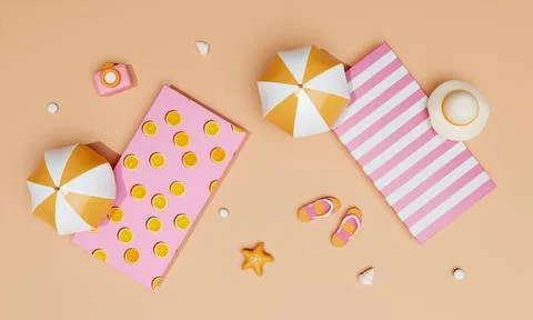 Flat lay summer vacation with beach towel, umbrella, sandal, hat and camera Stock Illustration