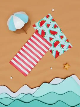Flat lay summer vacation with beach towel, umbrella. summer vacation concept Stock Illustration