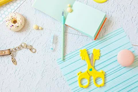 Flat lay, summer, work Stock Photos