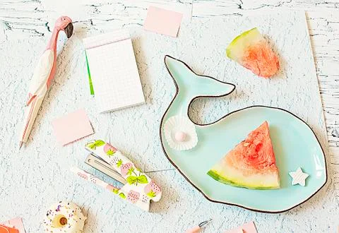 Flat lay, summer, work Stock Photos