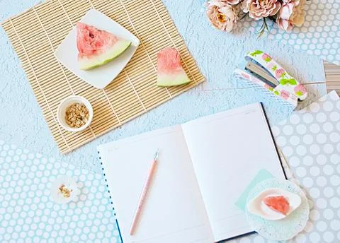 Flat lay, summer, work Stock Photos