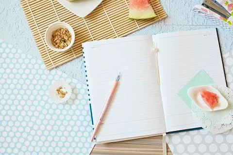 Flat lay, summer, work Stock Photos