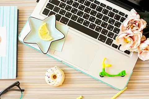 Flat lay, summer, work Stock Photos