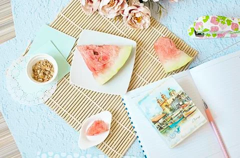 Flat lay, summer, work Stock Photos