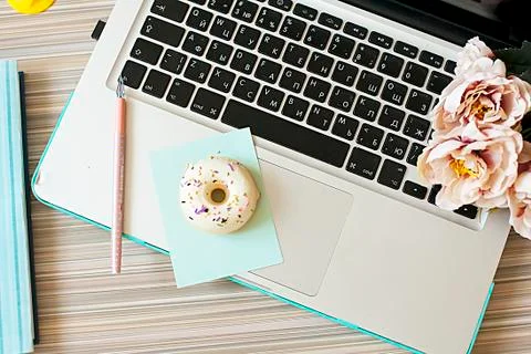 Flat lay, summer, work Stock Photos