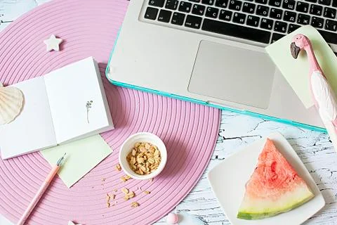 Flat lay, summer, work Stock Photos