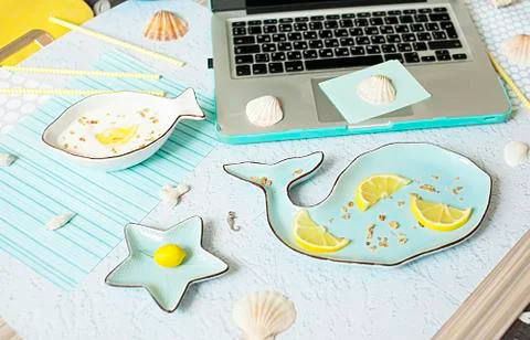 Flat lay, summer, work Stock Photos