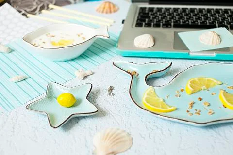 Flat lay, summer, work Stock Photos