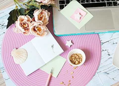 Flat lay, summer, work Stock Photos