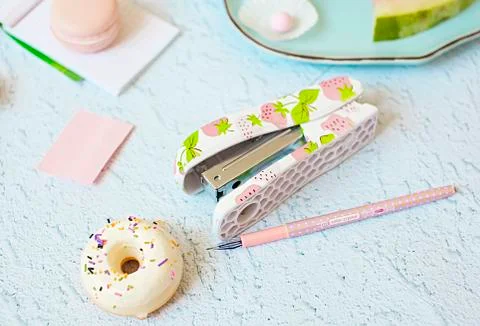 Flat lay, summer, work Stock Photos