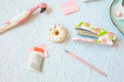 Flat lay, summer, work Stock Photos