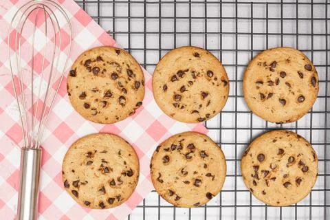 Flat lay of sweets, Chocolate chip cookie and confectionery equipment on rack Stock Photos