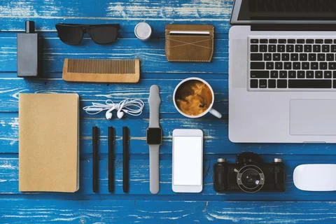 Flat lay table top men accessories with blank screen phone mockup Stock Photos
