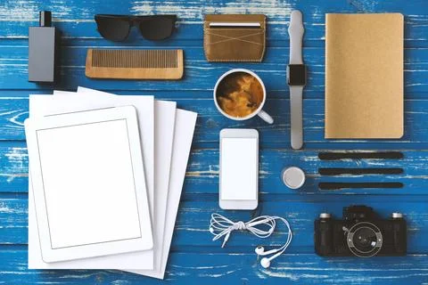 Flat lay table top men accessories with blank screen mobile devices mockup Stock Photos