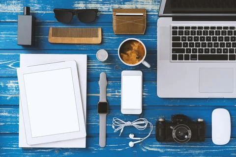 Flat lay table top men accessories with blank screen mobile devices mockup Stock Photos