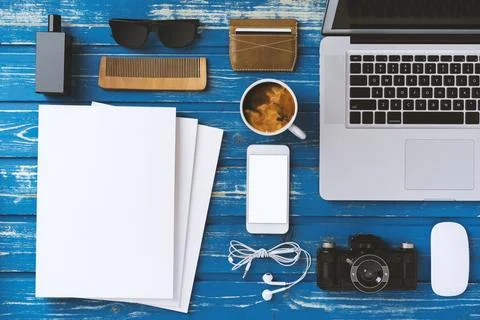 Flat lay table top men accessories with blank screen phone and magazine sta.. Stock Photos