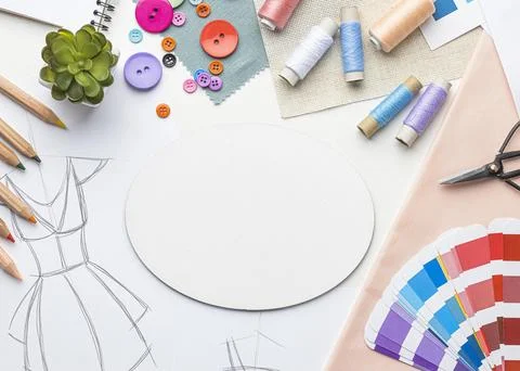 Flat lay tailoring set with fabric samples thread Resolution and high quality Foto stock