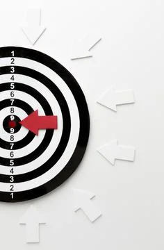 Flat lay target with arrows pointing bullseye Stock Photos