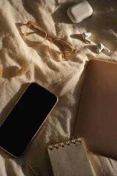 Flat Lay of Tech Gadgets and Stationery Stock Photos