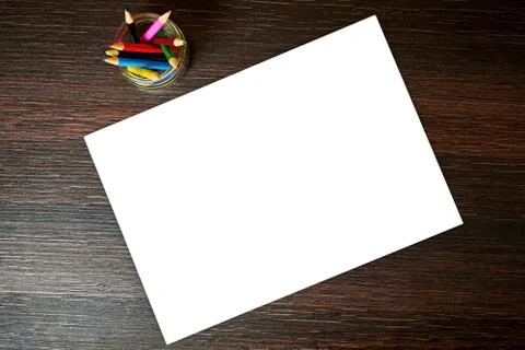 Flat Lay template of children's work desk with crayons for creativity Stock Photos