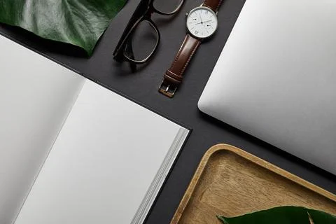 Flat lay template open notebook Stock Photos