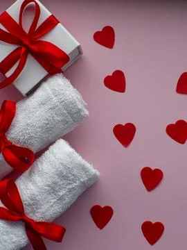 Flat lay with tiny heart-shaped papers, two white towels and gift box Foto stock