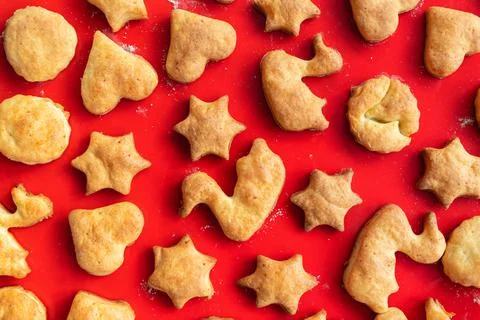 Flat lay top above view of sweet tasty delicious curd ginger cookies baked in Stock Photos