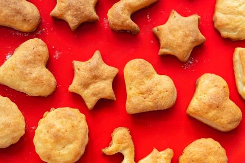 Flat lay top above view of sweet tasty delicious curd ginger cookies baked in 스톡 사진