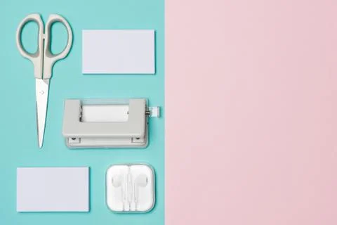 Flat lay, top view of Business cards Mockup on two color background Stock Photos