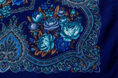 Flat lay top view closeup part of blue rose floral pattern on dark cotton female 写真素材