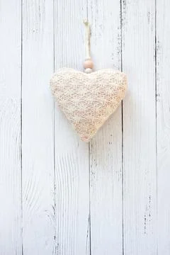 Flat lay, top view, copy space. hand made textile hearts. Textile handicraft Stock Photos