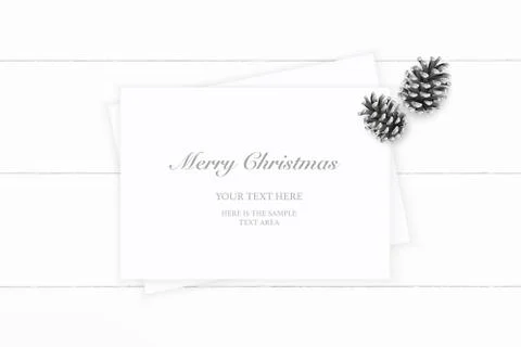 Flat lay top view elegant white Christmas composition paper pine cone on wood 스톡 일러스트