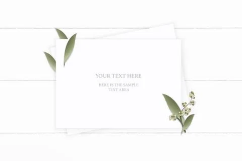 Flat lay top view elegant white composition paper plant leaf flower on wooden Stock Illustration