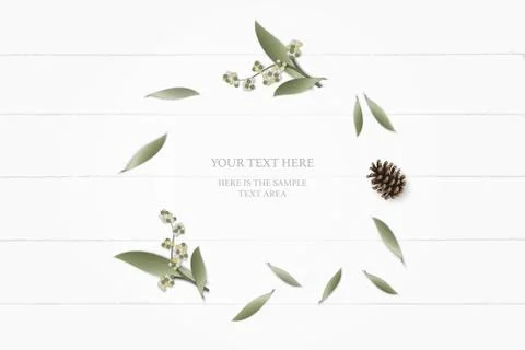 Flat lay top view elegant white composition paper botanic garden plant leaf f Stock Illustration