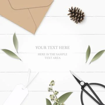 Flat lay top view elegant white composition paper leaf flower pine cone kraft イラスト素材