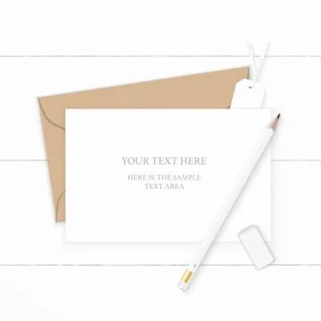 Flat lay top view elegant white composition letter kraft paper envelope penci Stock Illustration