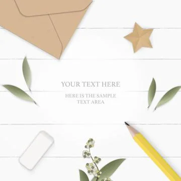 Flat lay top view elegant white composition paper leaf flower pine cone kraft Stock Illustration