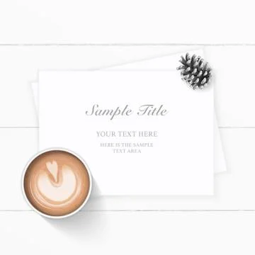 Flat lay top view elegant white Christmas composition paper pine cone and cof Stock Illustration