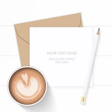Flat lay top view elegant white composition letter kraft paper envelope penci Illustrazione stock