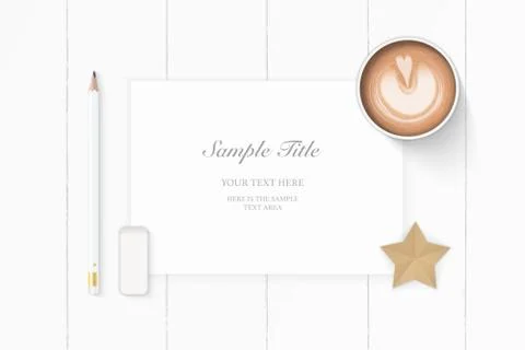 Flat lay top view elegant white composition paper pencil eraser star craft an Stock Illustration