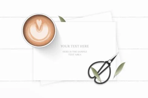 Flat lay top view elegant white composition paper plant leaf coffee and vinta Stock Illustration
