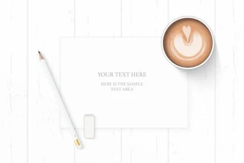 Flat lay top view elegant white composition paper pencil eraser and coffee on Stock Illustration