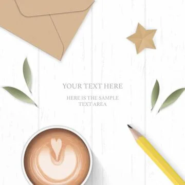 Flat lay top view elegant white composition paper leaf kraft envelope yellow  Stock Illustration